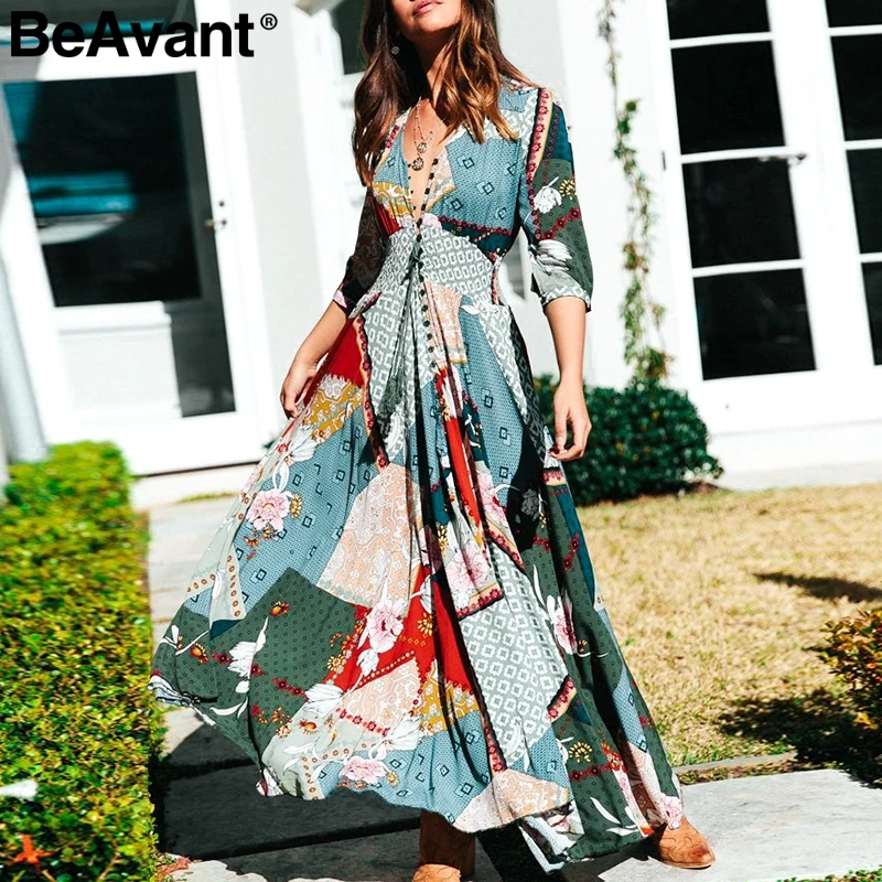 BeAvant Floral print summer maxi dress women V neck button split boho dresses casual Holiday beach long plus size vestidos | Женская
