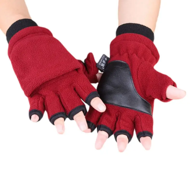 I Wine Red(Women) Женские и мужские Зимние флисовые перчатки на половину пальца с откидной крышкой, двухслойные Утепленные перчатки с сенсорным экраном без пальцев, варежки на запястье - Цвет: I Wine Red(Women)