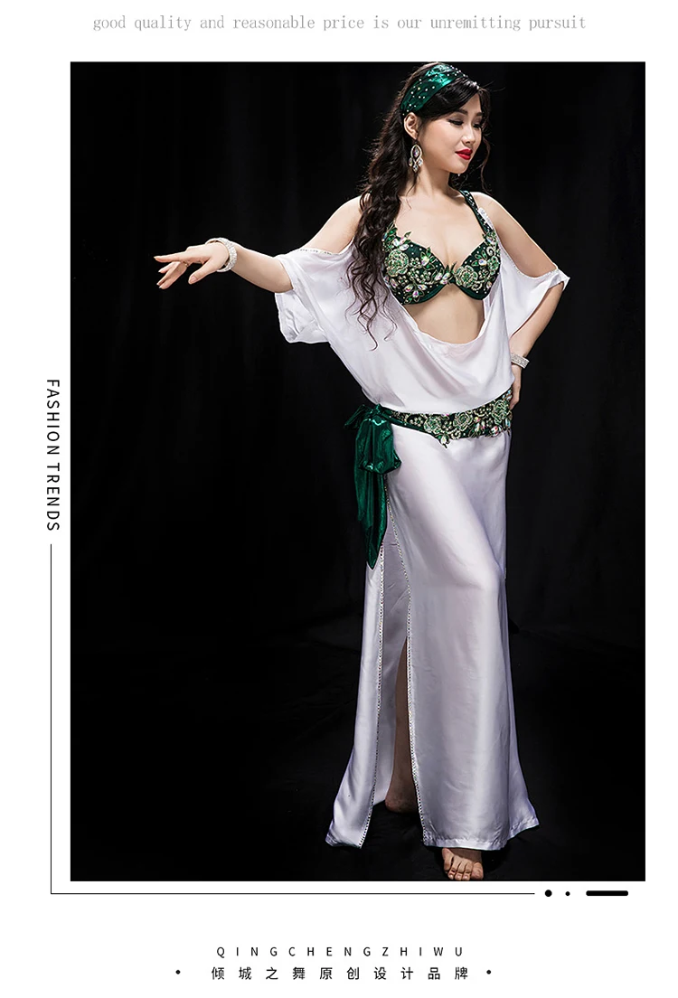 New high grade Professional Performance Dancewear bra+dress+belt+headscarf+shorts 5pcs Outfit Women Bellydance Costume YC040