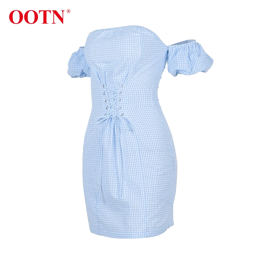 OOTN голубое белое клетчатое летнее платье с открытой спиной для женщин с высокой талией, со шнуровкой, с открытыми плечами, облегающее платье, сексуальный пляжный короткий сарафан для женщин