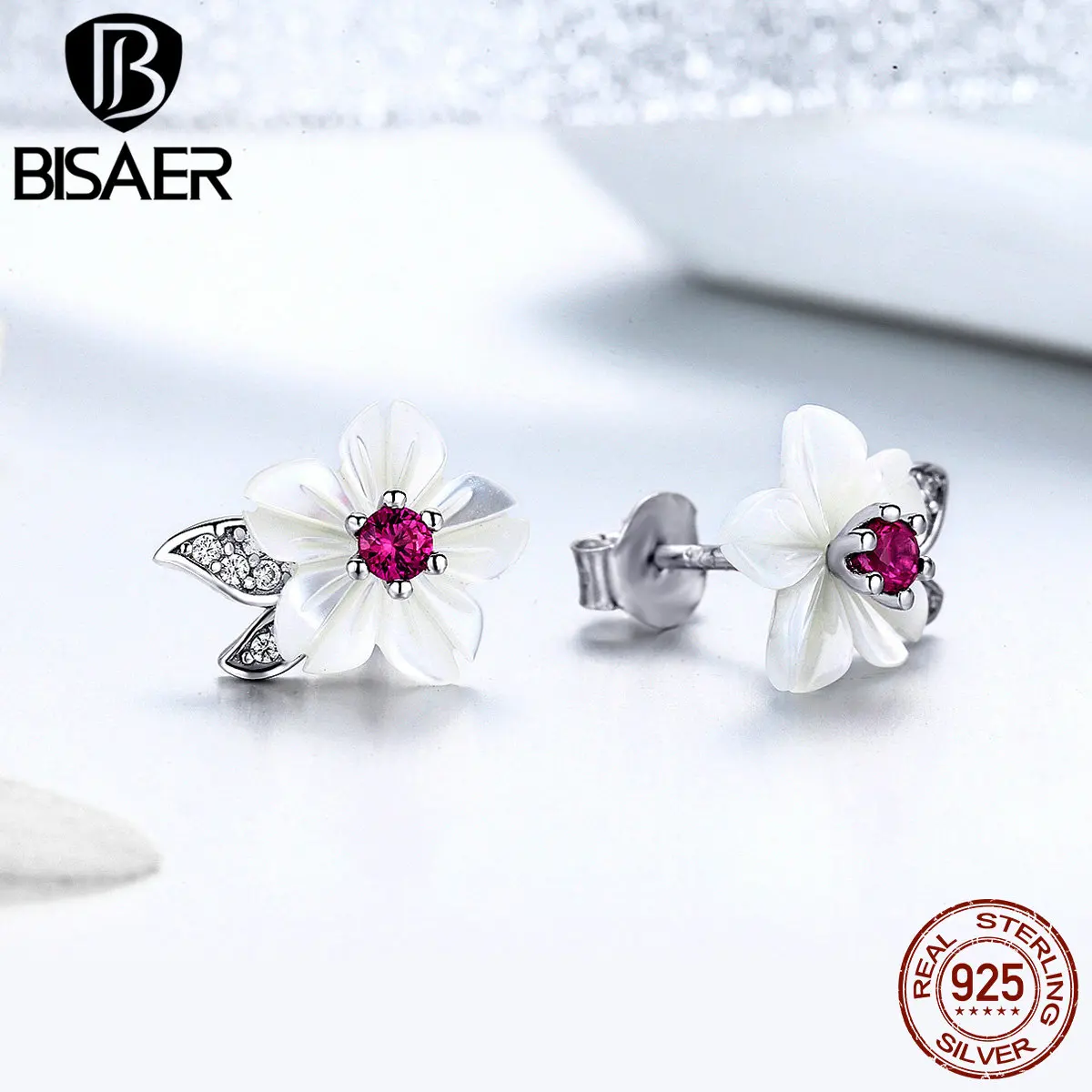 BISAER серьги-гвоздики из стерлингового серебра 925 пробы с цветущей ракушкой и