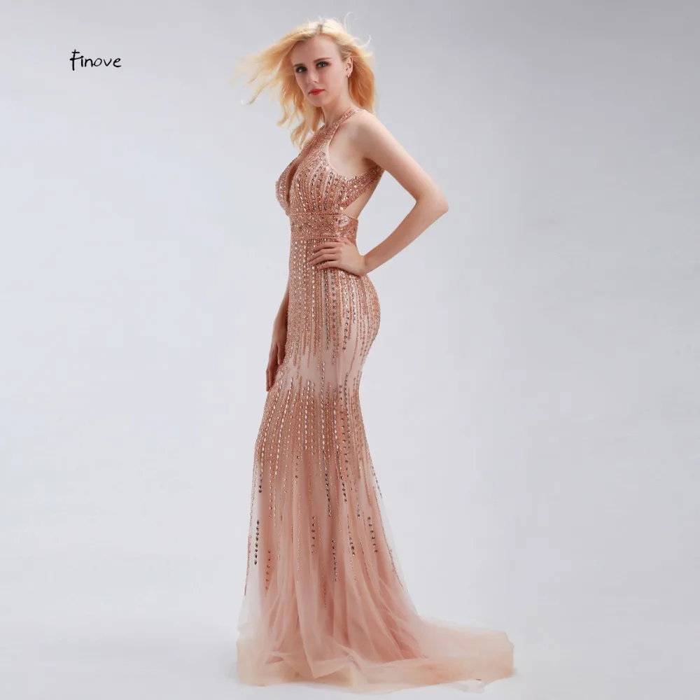 Женское вечернее платье Finove розовое Русалочка из тюля с кристаллами цвета