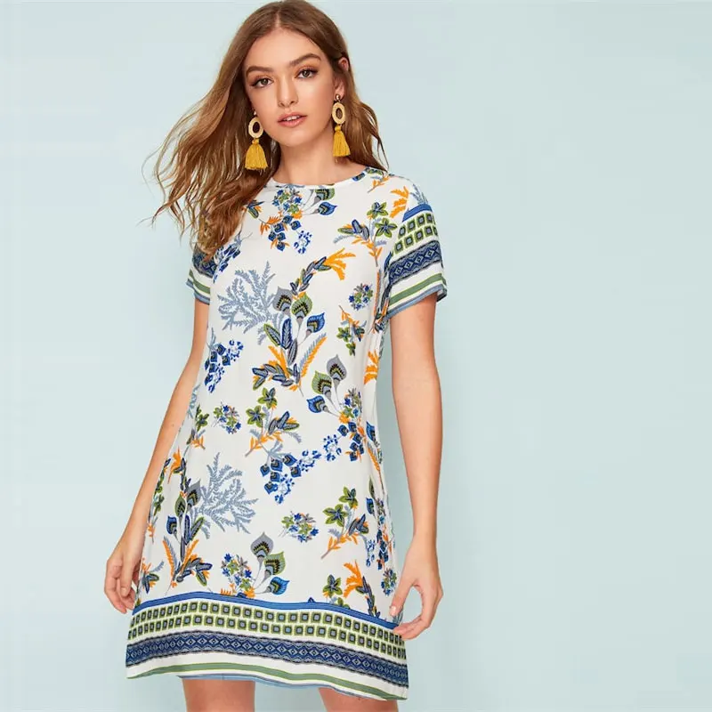 SHEIN летнее женское платье-туника с разноцветным принтом и замочной скважиной на спине,, короткий рукав, круглый вырез, бохо платье, прямое свободное мини-платье
