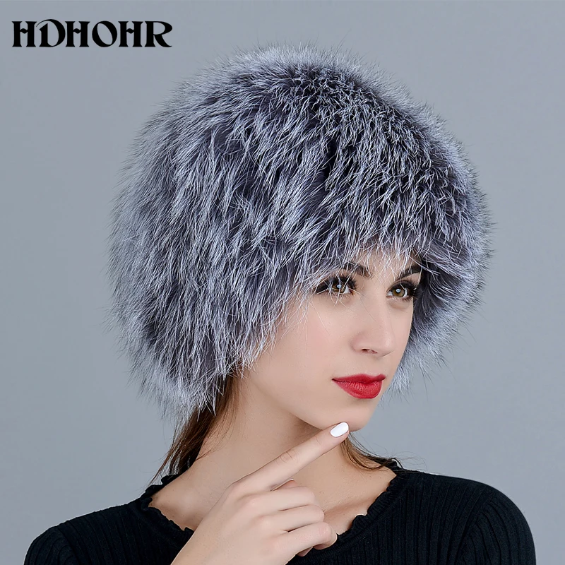 HDHOHR Hot Sale 100% Real Silver Fox Fur Hat Women Real All Fur Cap Fox Fur Knitted Hats Female Thick Warm  Headwear  Hats