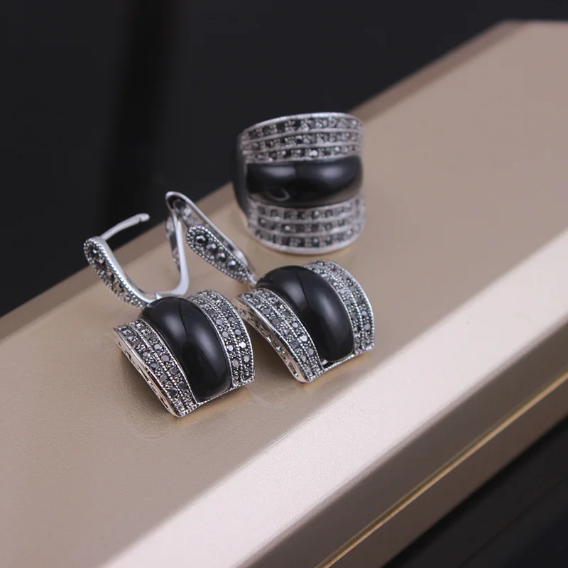 Black Ajojewel классический темно-зеленый/светильник зеленый/красный/серьги с черным камнем и кольцо комплект ювелирных изделий высокое качество женские Вечерние - Окраска металла: Black