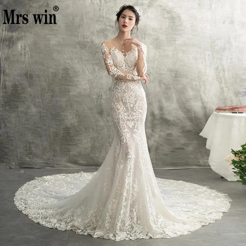 Vestido De Noiva 2019 г. Mrs Win The Bridal с длинным рукавом роскошное платье шлейфом на молнии