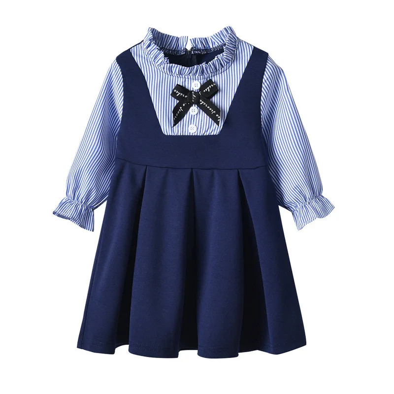 Girls Pleated Dresses Navy Striped Patchwork School Wear Ruffle Bowknot Princess Puff Sleeve For | Детская одежда и обувь