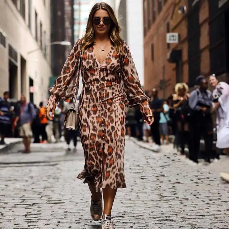 SWEET THING LONG SLEEVE DRESS leopard print button-down front women dress chiffon chic summer autumn 2019 E21 | Женская одежда