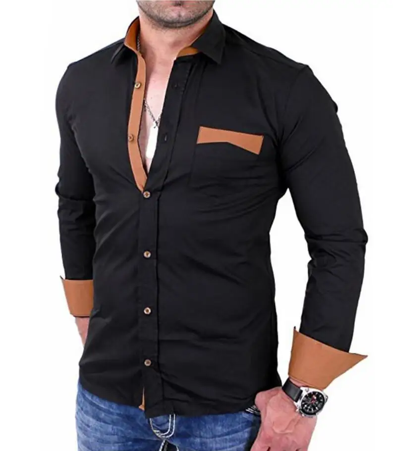 Black Shirt WSGYJ Для мужчин рубашка Брендовая обувь в Корейском стиле; модные однотонные Цвет повседневные рубашки с длинными рукавами из хлопка, деловая, общественная белое платье-рубашка - Цвет: Black Shirt