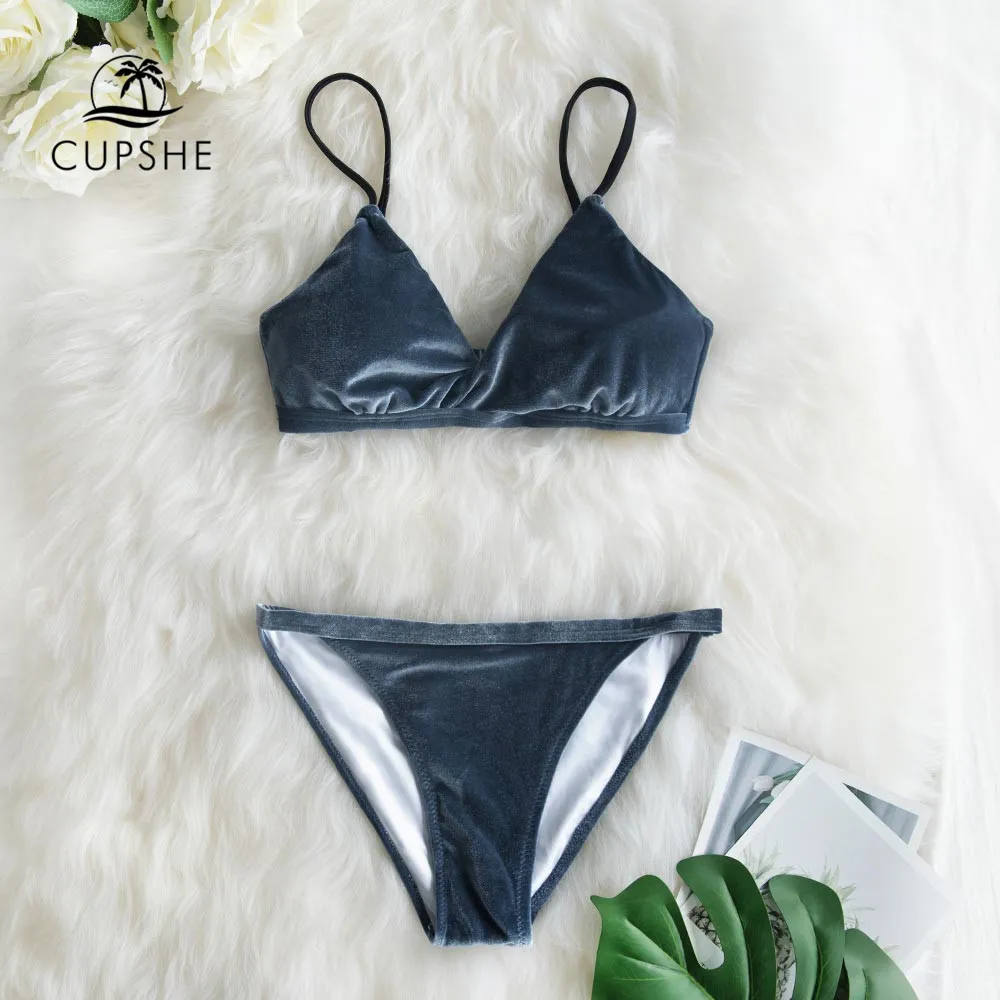 CUPSHE Silvery Gray Velvet Bikini Sets Sexy Low Bottom Swimsuit Two Pieces Swimwear Women Girls Beach Bathing Suits