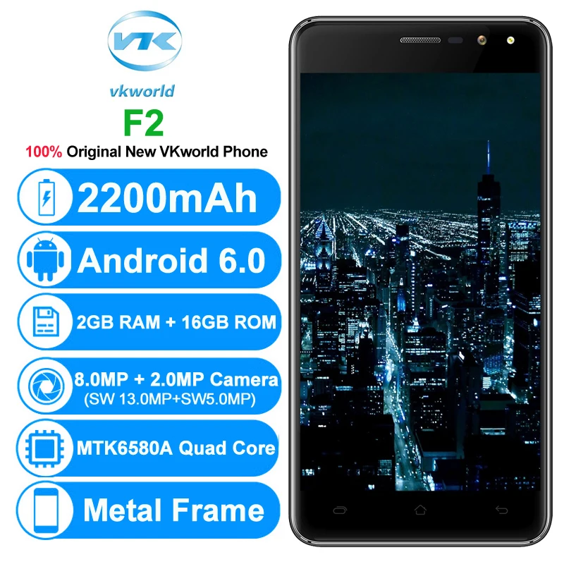 Оригинал VKworld F2 3 Г Мобильные Телефоны Android 6.0 2 ГБ RAM 16 ROM Quad Core Смартфон 8MP Камера Dual