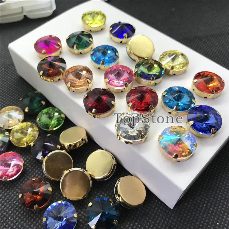 TopStone Round Rivoli Sew On Rhinestones With Gold Claw Setting 8 10 12 14 16 mm Sewing glass crystal stones for clothing | Дом и сад