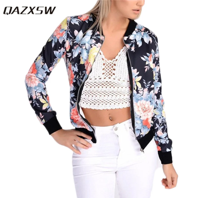 

QAZXSW Flower Print Women Basic Coats Long Sleeve Zipper Bomber Jacket Casual Girl Jacket Coat Autumn Winter Streetwear HB463
