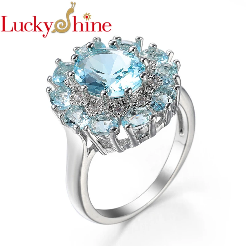 LuckyShien Семья подарок синий огонь покрытием белого золота циркон цветок кольца России США праздник подарок кольца Австралия кольца