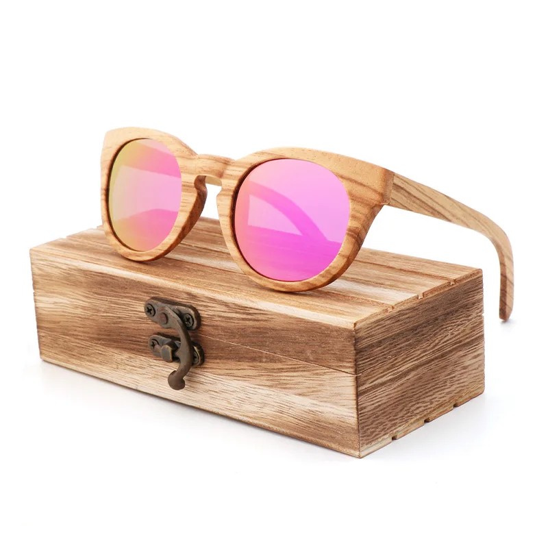 Pink Wood Box Коричневые солнцезащитные очки из чистого дерева зебры, поляризованные солнцезащитные очки, женские солнцезащитные очки из бамбука, UV400, ретро солнцезащитные очки, oculos de sol feminino - Цвет линз: Pink Wood Box