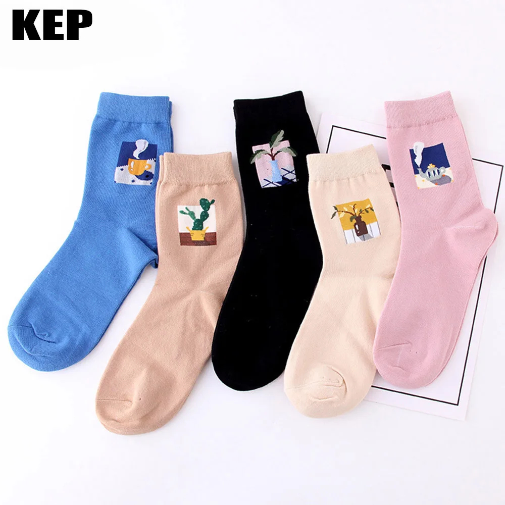 

2020 New Art Combed Cotton Crew Printed Funny Happy Socks Women Retro Abstract Oil Painting Plant Sculpture Hip Hop Women Socks