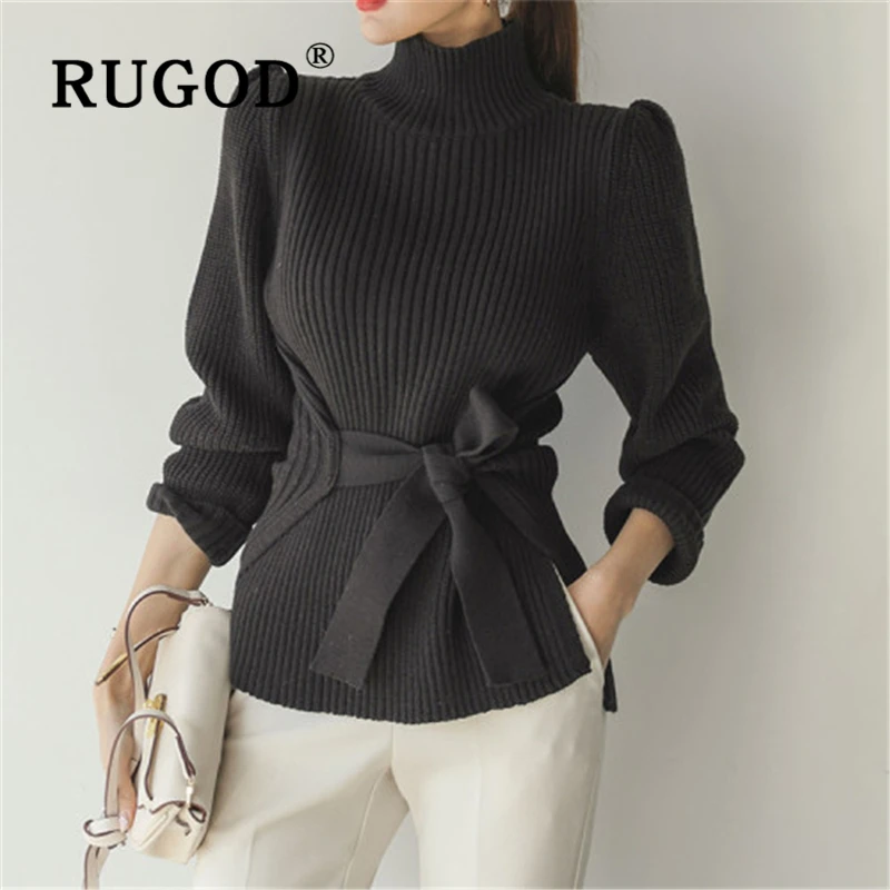 

RUGOD 2019 new big bow Turtleneck women sweater Koreean chic solid long sleeve split ladies pullovers female winter warm sweater