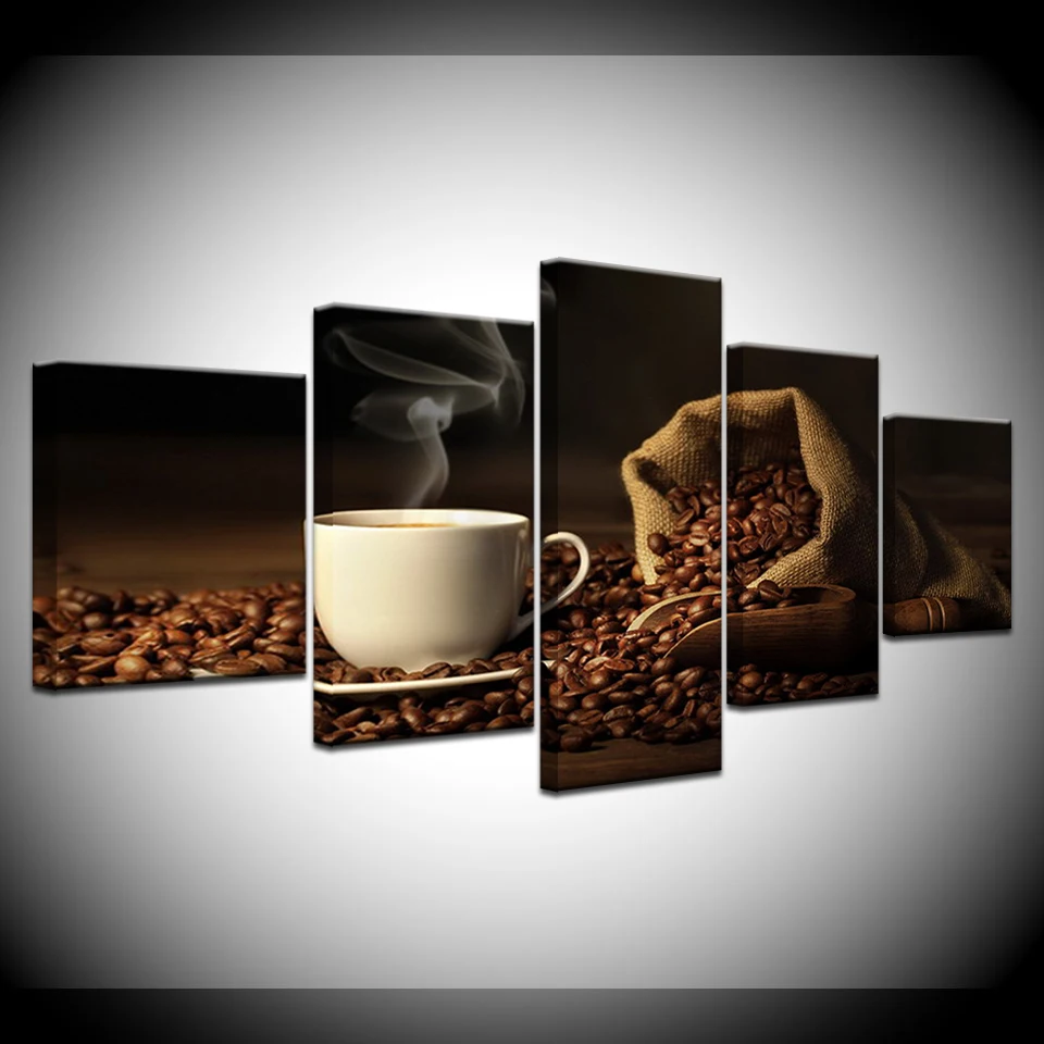 

Hot coffee and coffee bean 5 Panels HD Print Wall Art modern Modular Poster art Canvas painting for Living Room Home Decor