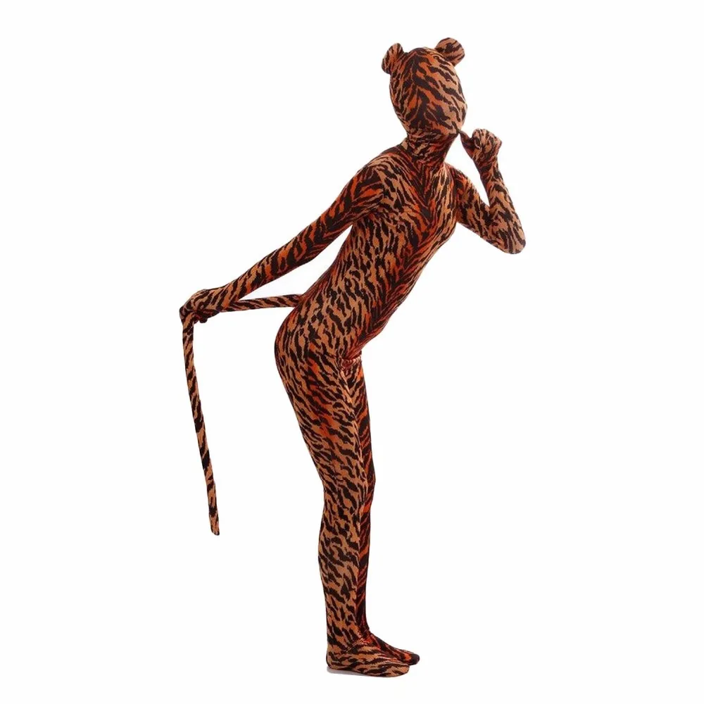 Тигр полный боди Zentai костюм с животными ушами и хвостом Зебра лайкра спандекс для