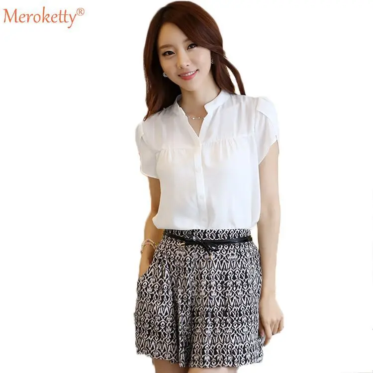 2015 new arrival Summer women's big yard chiffon office shirt blouse short sleeve v-neck solid color slim ol KD036 |