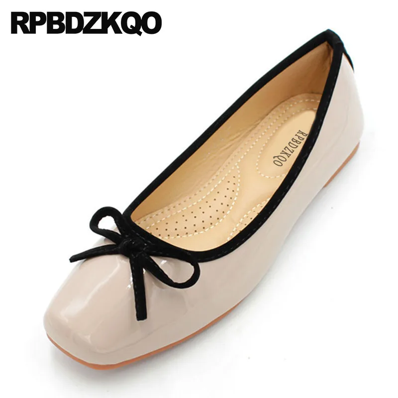 

Designer Soft Ballet Flats Women Kawaii Chinese Shoes Large Size Cute Bowtie Patent Leather Square Toe China Ballerina Ladies