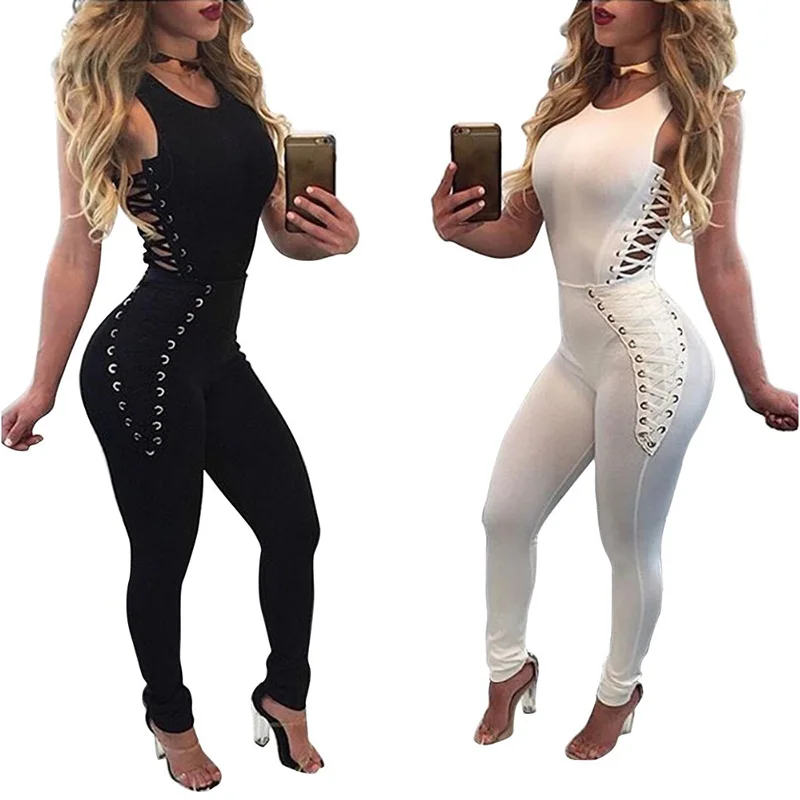 

Summer fashion sleeveless women jumpsuit high waist sexy ladies jumpsuit night club full length bandage bodysuit for women