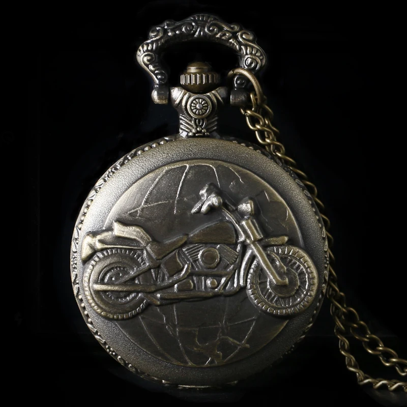 Antique Bronze Motorcycle Motorbike MOTO Pocket Watch Necklace Pendant Men Gift P79