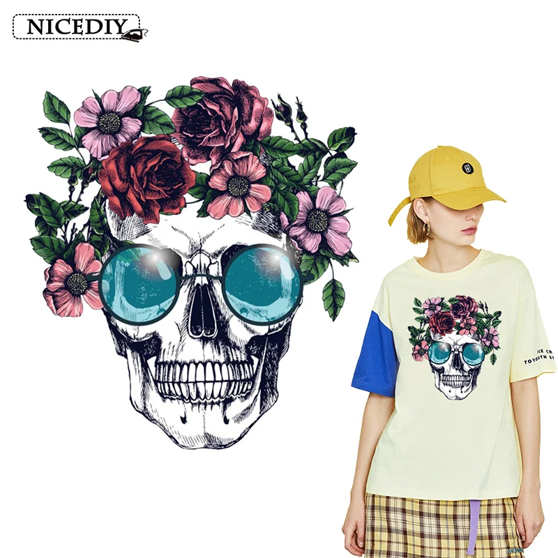 Nicediy цветок череп тепло переводит патч для одежды модный стиль Женская наклейка