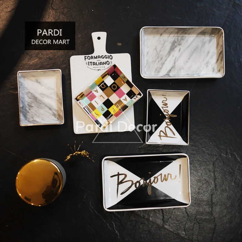 

Europe fashion food plate marble plate gold line candy plate jewelry plate food decorations 1pc/lot