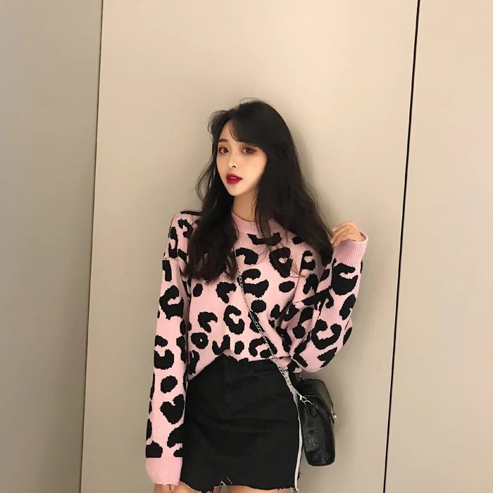Корейский Повседневное Ретро Leopard свободные свитера Для женщин джемпер Kawaii