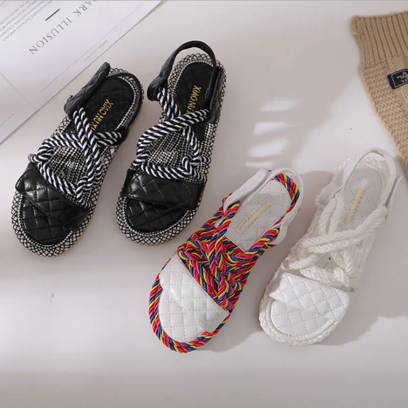summer new women's platform sandals flat Women Shoes Sweet Lace-up Women's Open Toe Sandals Roman Mixed Color Shoes