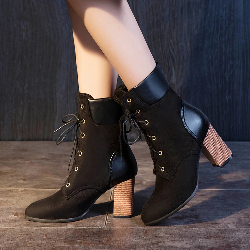 

Meotina Winter Ankle Boots Women Shoes Lace Up Block High Heel Short Boots Fashion Pointed Toe Shoes Lady Autumn Large Size 3-12