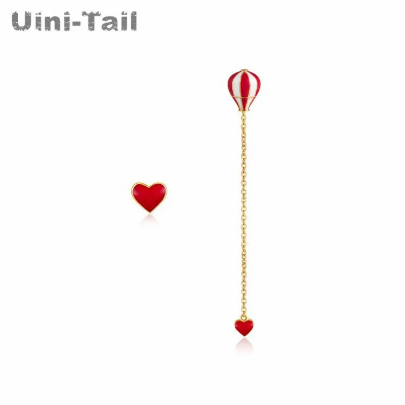 Серьги Uini-Tail Асимметричные из серебра 925 пробы в виде сердечек с воздушным шаром