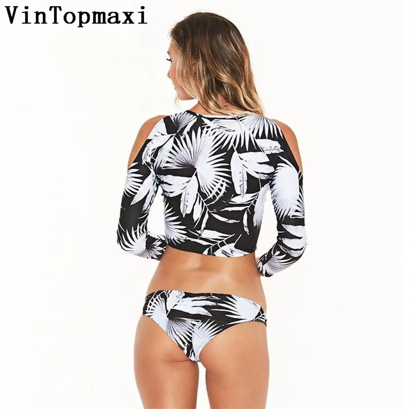 Sexy Long Sleeve Cut Out Off Shoulder Bikini Set Women Tank Top Swimsuit Beachwear Thong Bathing Suit Swimwear Print Biquinis |