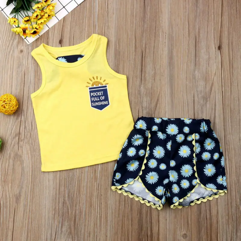 2019 летний комплект одежды для маленьких девочек топ и короткие штаны с цветочным
