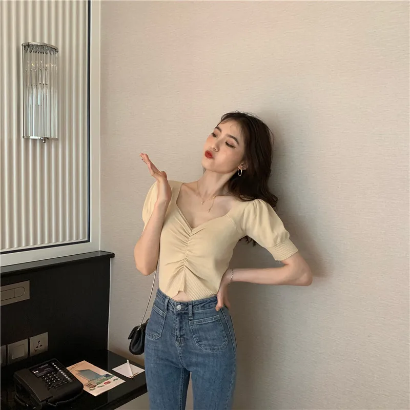 Винтажная Трикотажная футболка с v-образным вырезом и пышными рукавами Женская