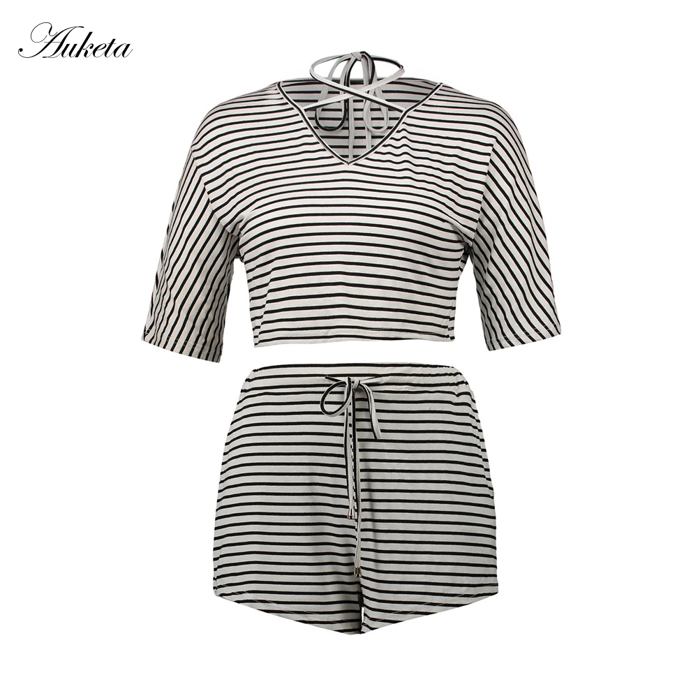 Auketa Полосатый Холтер Criss Cross короткие летние пляжные повседневный костюм