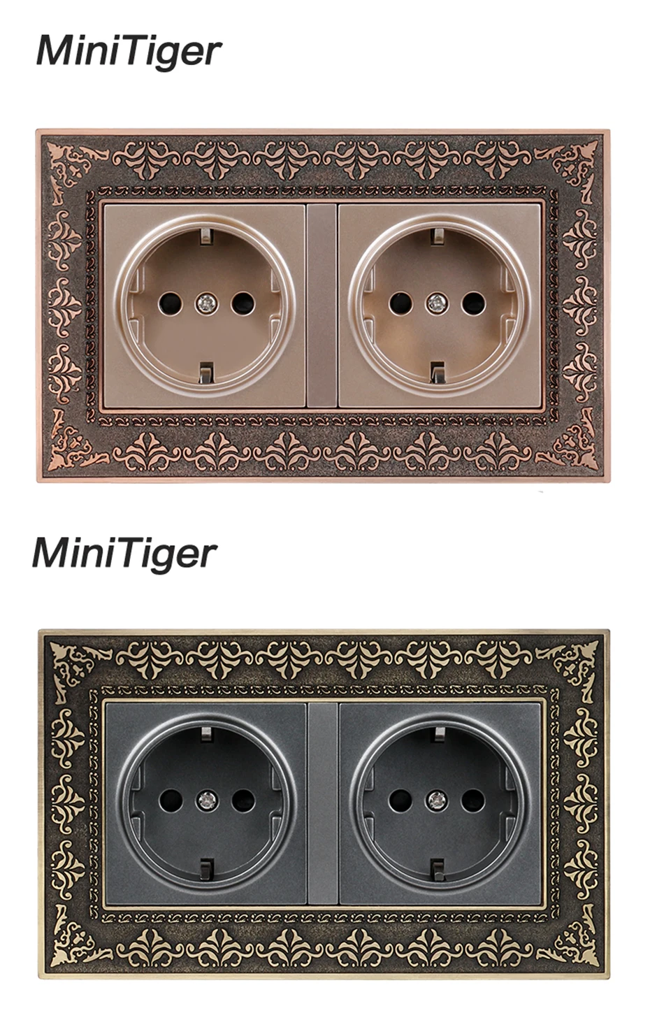 Minitiger 16A двойной стандарт ЕС розетка 4D тиснение Ретро панель из цинкового сплава 16A электрическая розетка 146*86 Тип