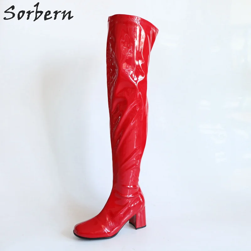 Red Shiny Sorbern Custom расклешённые сапоги женские квадратные носки 70 S GOGO сапоги женские до середины бедра высокие сапоги блочный каблук старинная обувь на квадратном каблуке - Цвет: Red Shiny