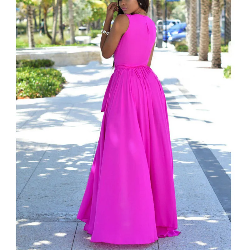 Women Boho Solid Long Maxi Dress Sexy V Neck Sleeveless Beach Vestido Side Split Elegant Party Loose Summer Sundress | Женская одежда