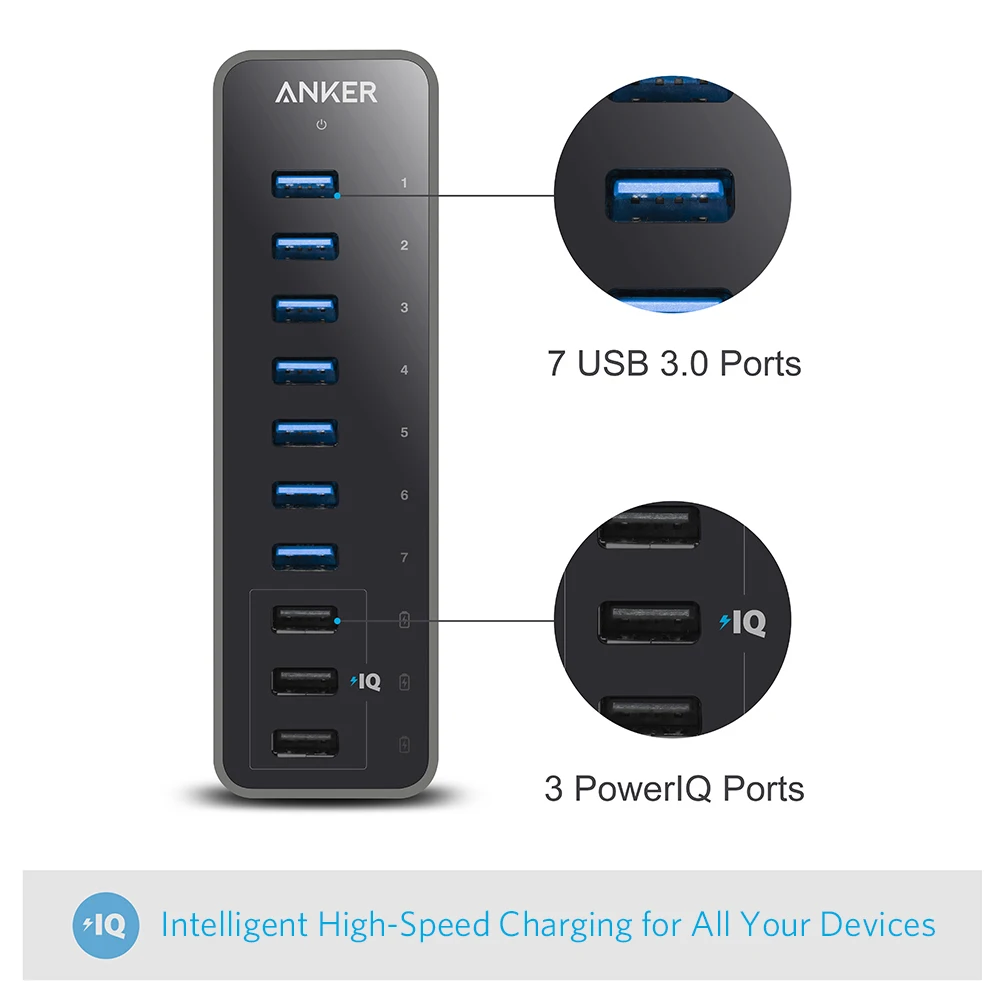 Anker 10-портовый 60 Вт концентратор данных с 7 портами USB 3 0 и зарядными PowerIQ для iPhone iPad