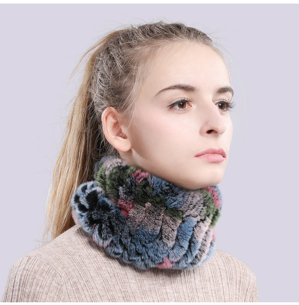 Women Real Fur Handmade Stretch Fur Scarf Knit Genuine Rex Rabbit Fur Headbands Girls Natural Fur Ring Cowl Snood Scarves Winter