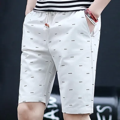 White Summer Casual Men's Short Pants Cotton Elastic Waist Printing Trousers - Цвет: White