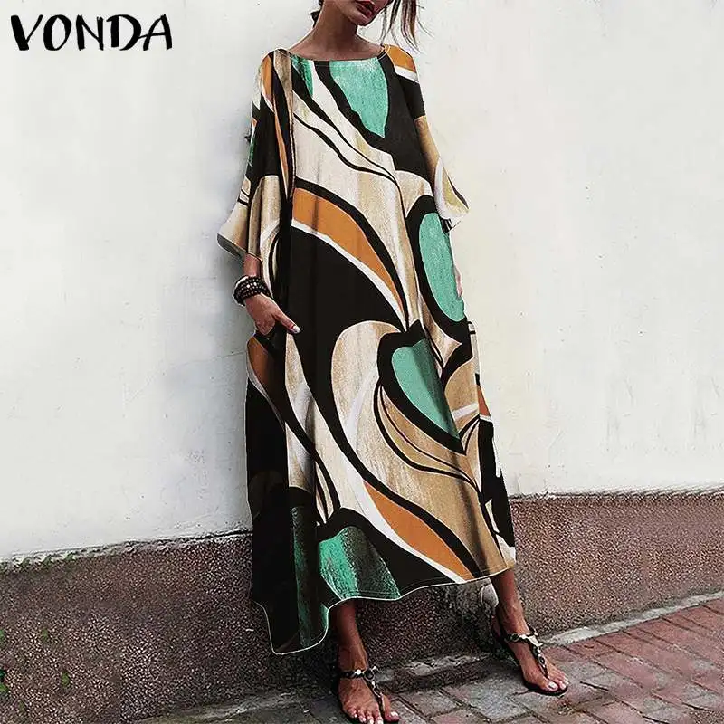 VONDA Летнее Длинное платье, сексуальное богемное платье с круглым вырезом и принтом, повседневное Открытое платье с коротким рукавом, пляжные вечерние платья размера плюс