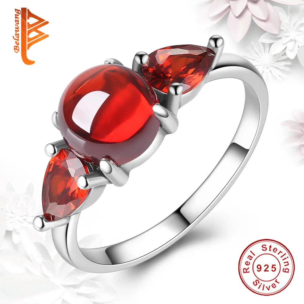 

BELAWANG Generous 925 Sterling Silver Round Finger Ring with Shining Red Crystal Ring for Women Wedding Anniversary Jewelry Gift