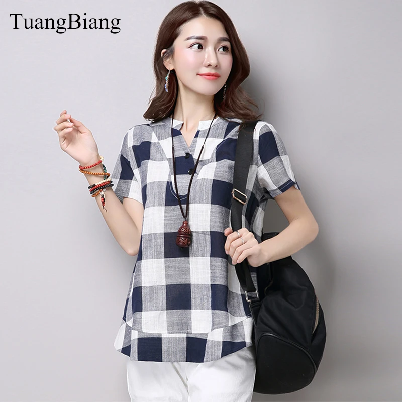 

Ladies 2021 Summer Plus Size Stripe Cotton T-Shirts Women V Neck Short Sleeve Plaid Blouse Female Long Style Loose Casual Tops