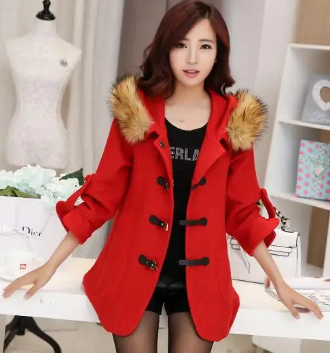 Женское шерстяное пальто однобортное с меховым воротником для зимы и осени |