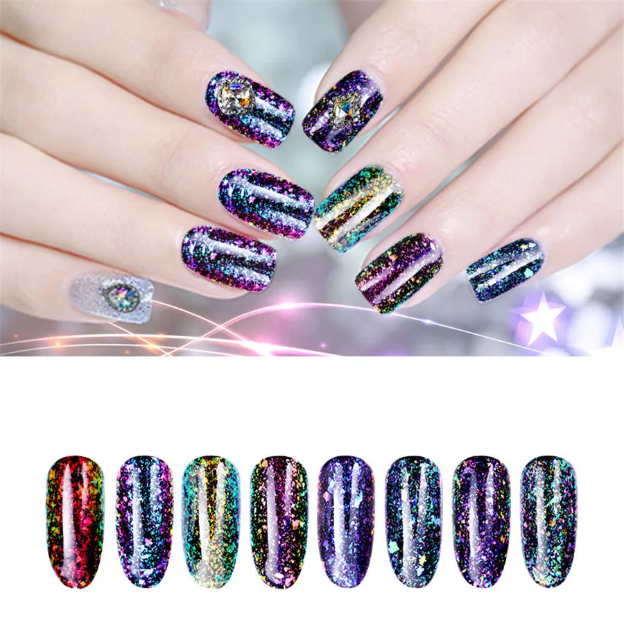 

MONASI Chameleon Charming Sequins Glitter UV Nail Gel Flakes Sparkle Effect Multi Sheet 3D Nail Tips Art Decoration Polish