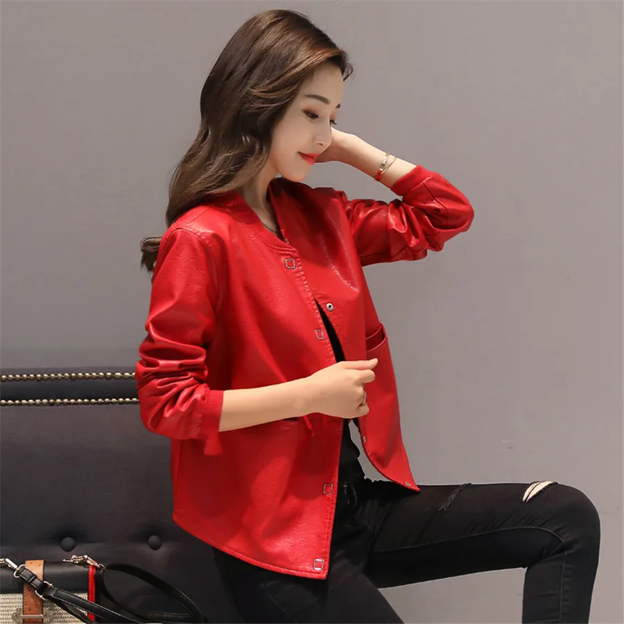 DANCING WINGS Korean style loose stand collar women's pu leather jacket motorcycle