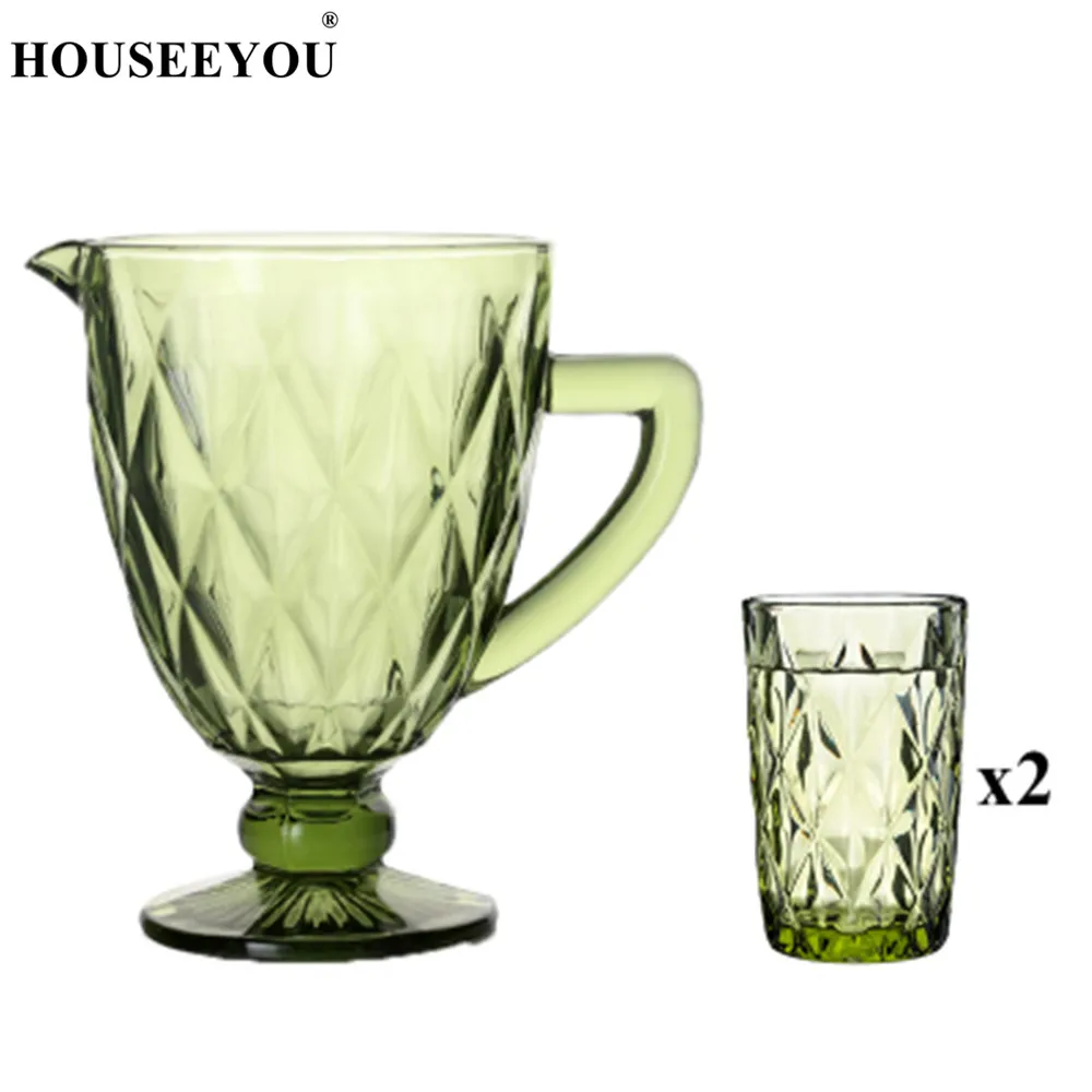 HOUSEEYOU 1 шт. кувшин для холодной воды+ 2 шт. резная стеклянная чашка Европейский ретро хрустальный дизайн стаканчик для воды и вина для питья Бар Ресторан инструменты - Цвет: Green Diamond